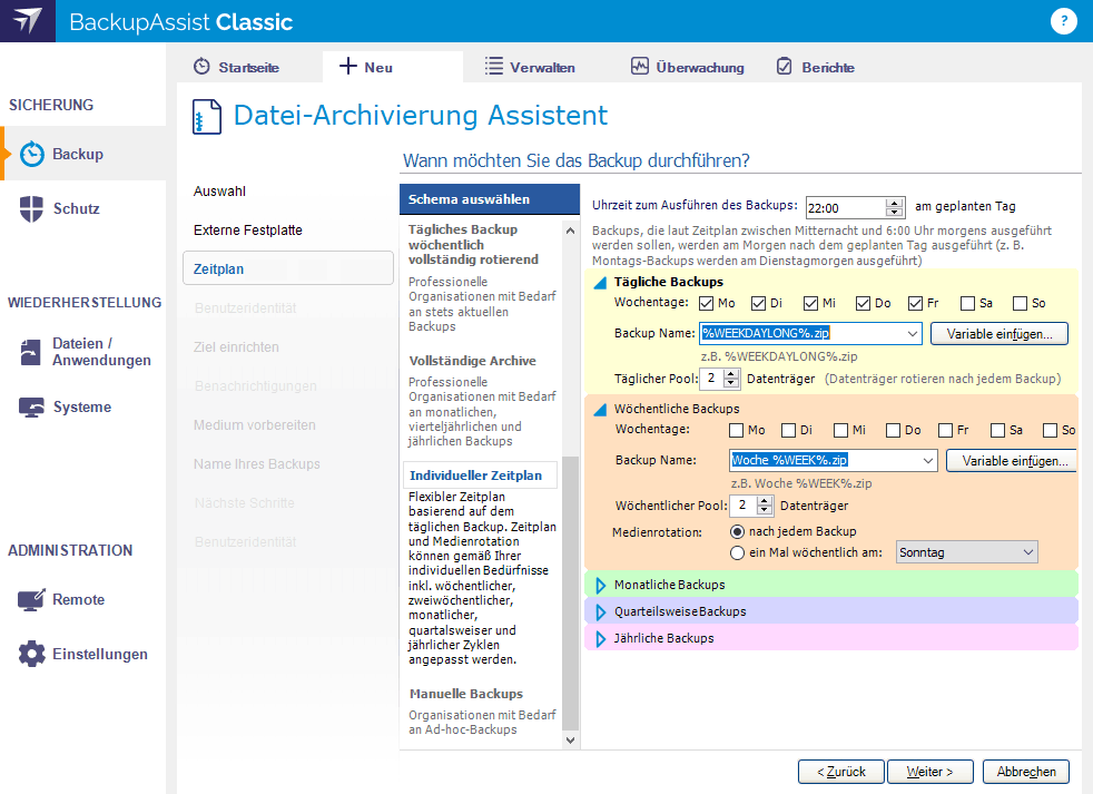 Zeitpläne und Backup-Verlauf
